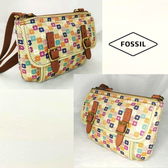 FOSSIL Beige Floral Canvas Crossbody Purse Med Messenger Bag Zip Magnet Flap - Picture 5 of 11